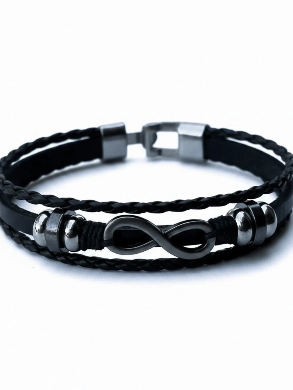 Mens Multi-Strand Black Silver Leather Cord Bracelet with a Infinity Charm